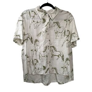 Jane and Delancey Cream Horse Print Button Front Blouse Linen Blend  L
